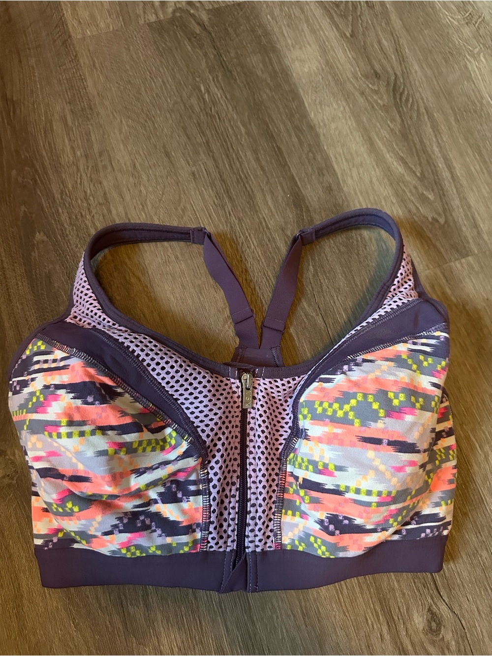 Victoria's Secret Purple Front-Zip Sports Bra with Neon Multi-Print